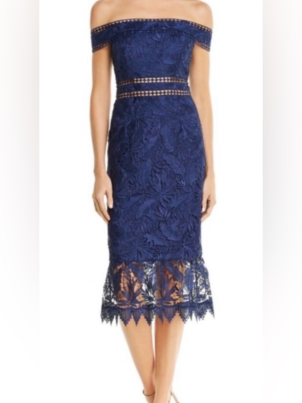 Navy Lace Pencil Skirt with Sheer Hem